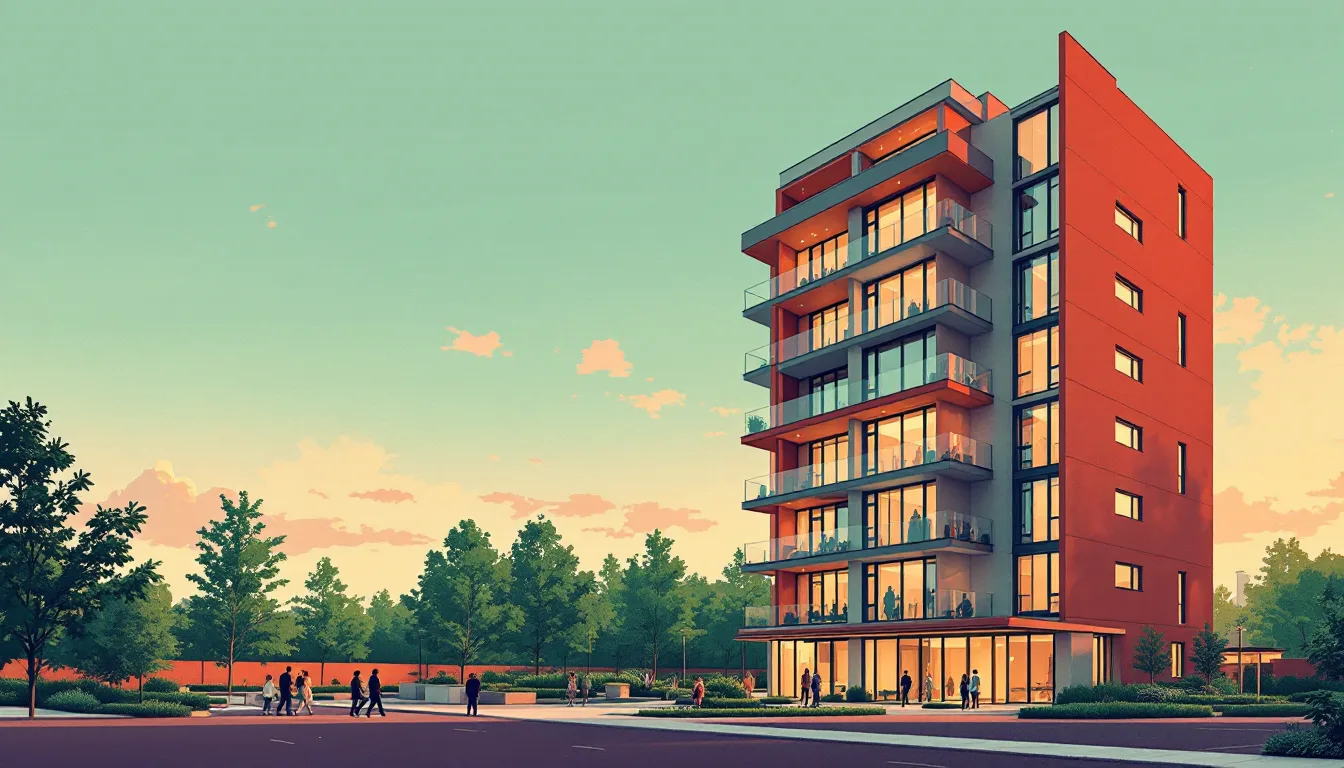 A photoreal riso-style rendering of a mid-rise residential building at golden hour in a landscaped Raleigh streetscape