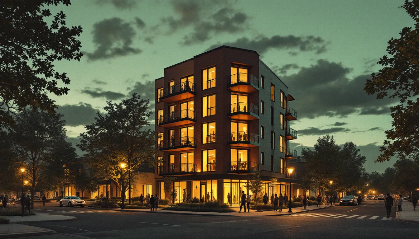 A photoreal twilight rendering of a mid-rise residential building in a landscaped Raleigh streetscape
